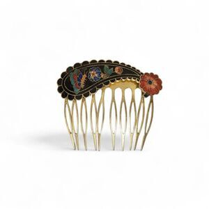 VTG Cloisonné Gold Tone Hair Comb 1980s Boho Retro Butterfly‎ Floral 2 1/4" x 2"